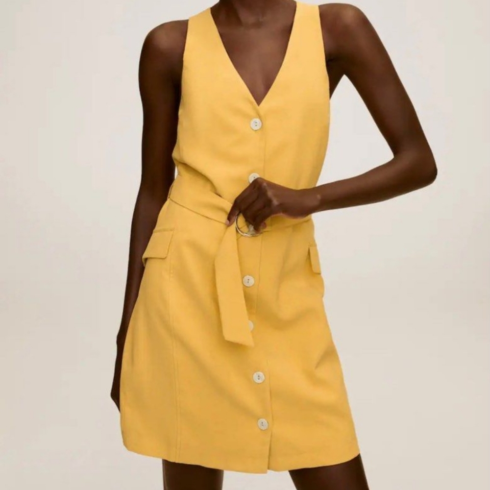 Mango yelloe buttoned belted wrap dress, size 4